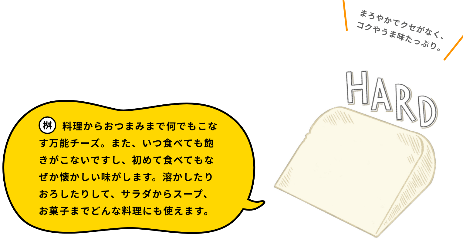 料理からおつまみまで何でもこなす万能チーズ。また、いつ食べても飽きがこないですし、初めて食べてもなぜか懐かしい味がします。溶かしたりおろしたりして、サラダからスープ、お菓子までどんな料理にも使えます。