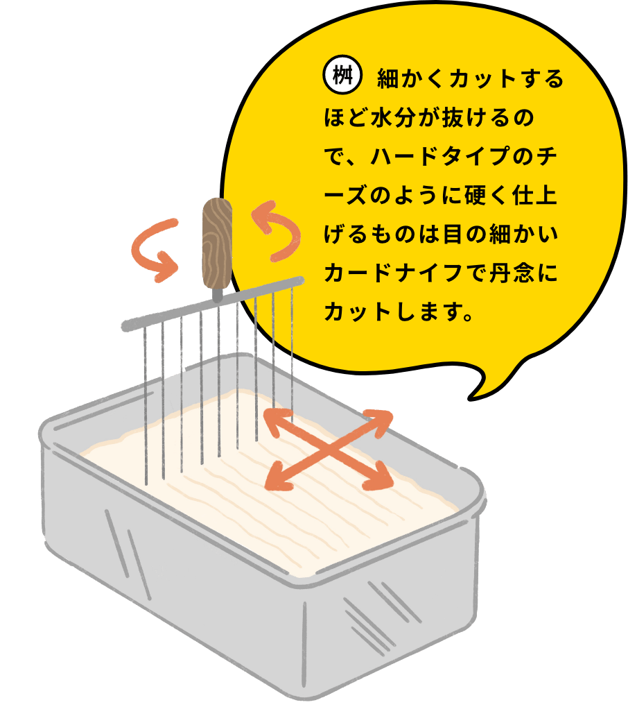 細かくカットするほど水分が抜けるので、ハードタイプのチーズのように硬く仕上げるものは目の細かいカードナイフで丹念にカットします。