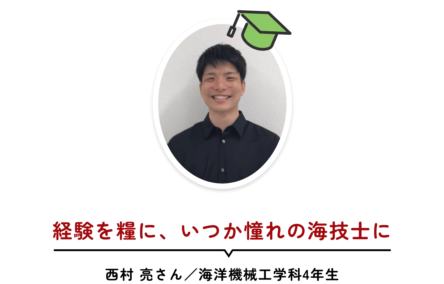 経験を糧に、いつか憧れの海技士に 西村 亮さん／海洋機械工学科4年生