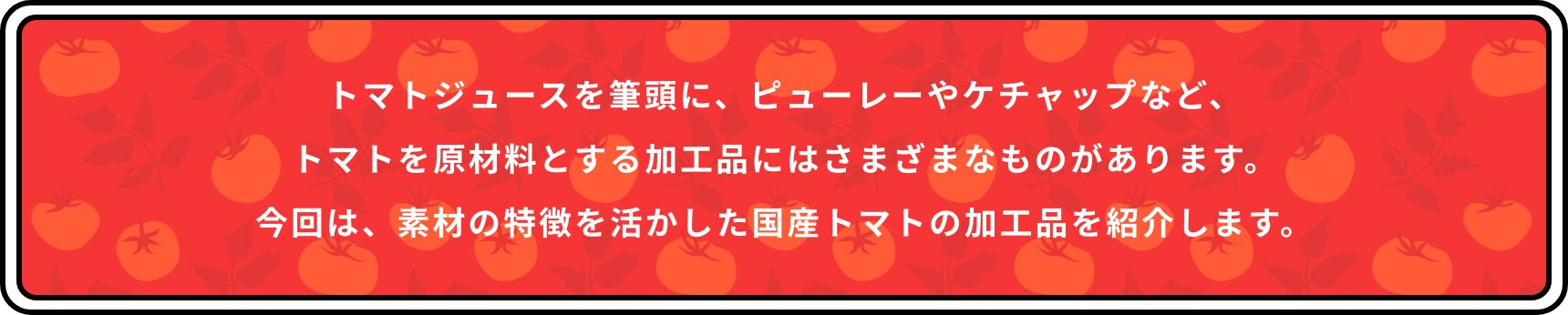 トマトジュースを筆頭に、ピューレーやケチャップなど、トマトを原材料とする加工品にはさまざまなものがあります。今回は、素材の特徴を活かした国産トマトの加工品を紹介します。