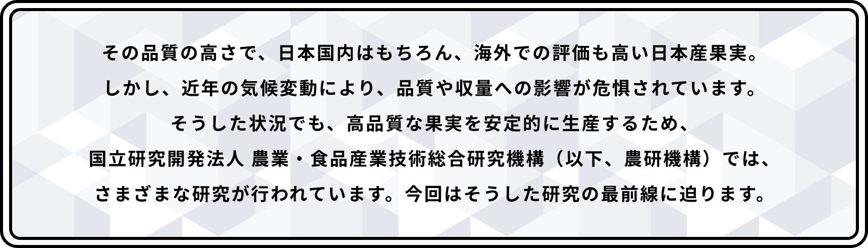 その品質の高さで、日本国内はもちろん、海外での評価も高い日本産果実。しかし、近年深刻化する気候変動の影響により、品質の低下や収量の減少が危惧されています。そうした状況でも、高品質な日本産果実を安定的に生産するため、国立研究開発法人 農業・食品産業技術総合研究機構（以下、農研機構）では、実にさまざまな研究が行われています。今回はそうした研究の最前線に迫ります。