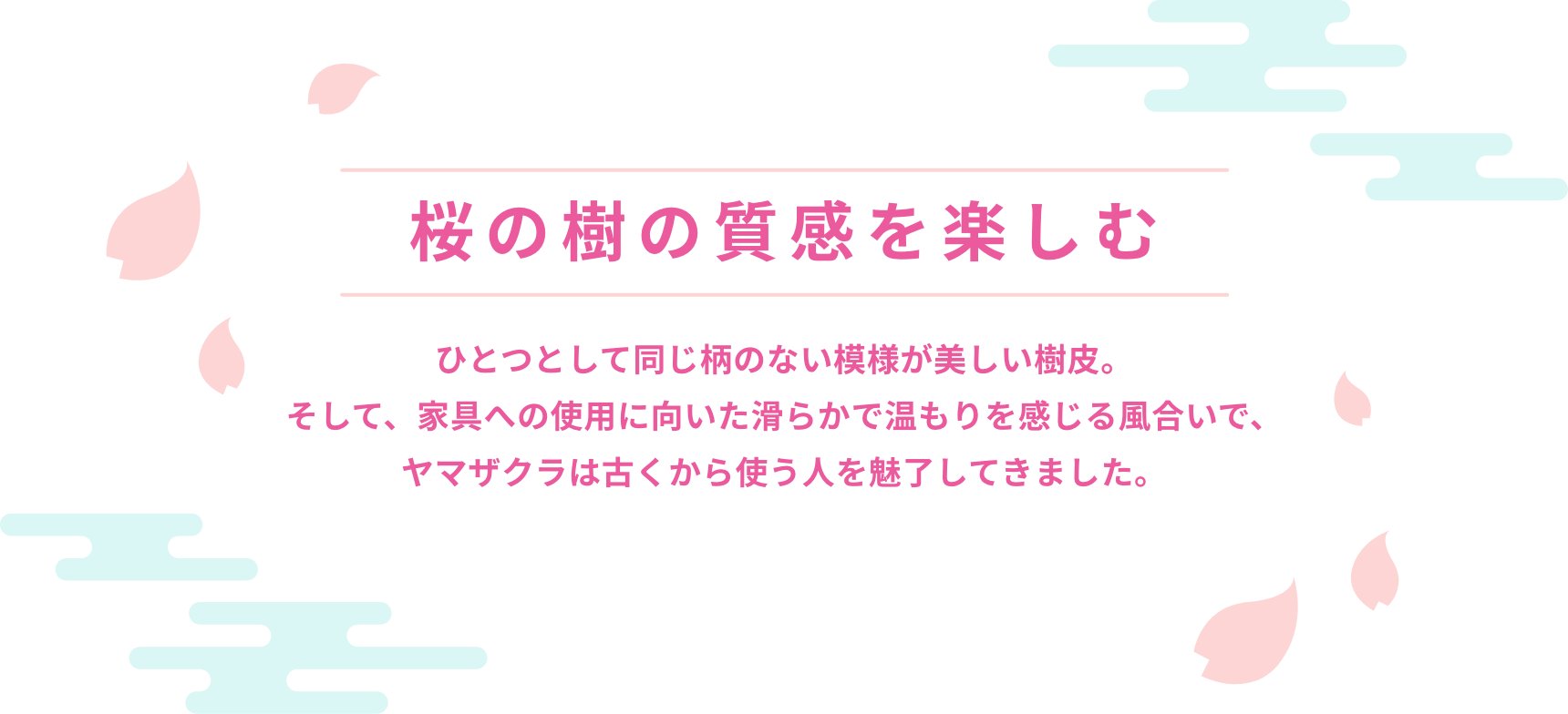 桜の樹の質感を楽しむ ひとつとして同じ柄のない模様が美しい樹皮。そして、家具への使用に向いた滑らかで温もりを感じる風合いで、ヤマザクラは古くから使う人を魅了してきました。