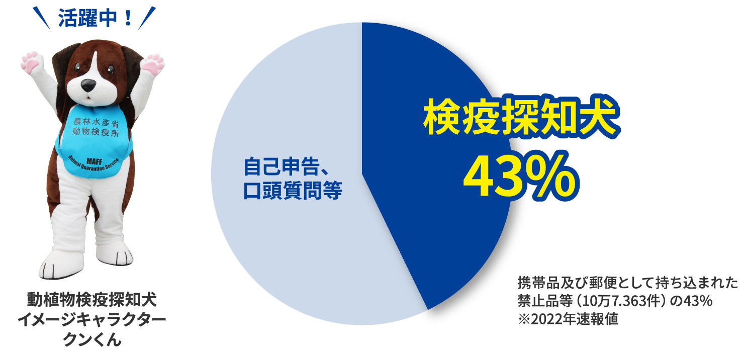 携帯品及び郵便として持ち込まれた禁止品等（10万7.363件）の43％　※2022年速報値
