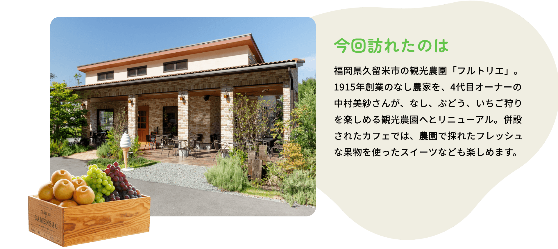 今回訪れたのは 福岡県久留米市の観光農園「フルトリエ」。1915年創業のなし農家を、4代目オーナーの中村美紗さんが、なし、ぶどう、いちご狩りを楽しめる観光農園へとリニューアル。併設されたカフェでは、農園で採れたフレッシュな果物を使ったスイーツなども楽しめます。