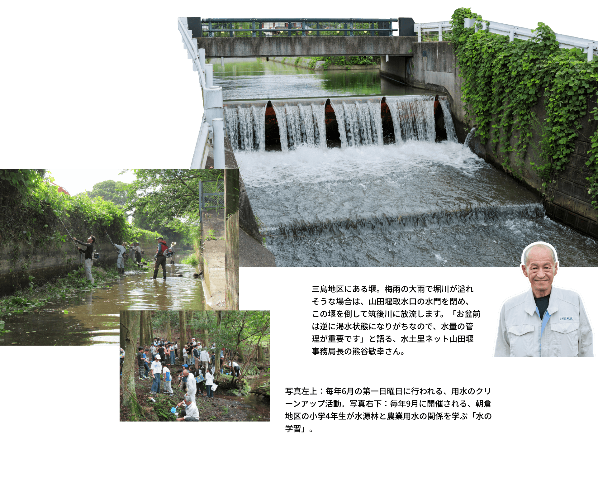 三島地区にある堰。梅雨の大雨で堀川が溢れそうな場合は、山田堰取水口の水門を閉め、この堰を倒して筑後川に放流します。「お盆前は逆に渇水状態になりがちなので、水量の管理が重要です」と語る、水土里ネット山田堰事務局長の熊谷敏幸さん。写真左上：毎年6月の第一日曜日に行われる、用水のクリーンアップ活動。写真右下：毎年9月に開催される、朝倉地区の小学4年生が水源林と農業用水の関係を学ぶ「水の学習」。