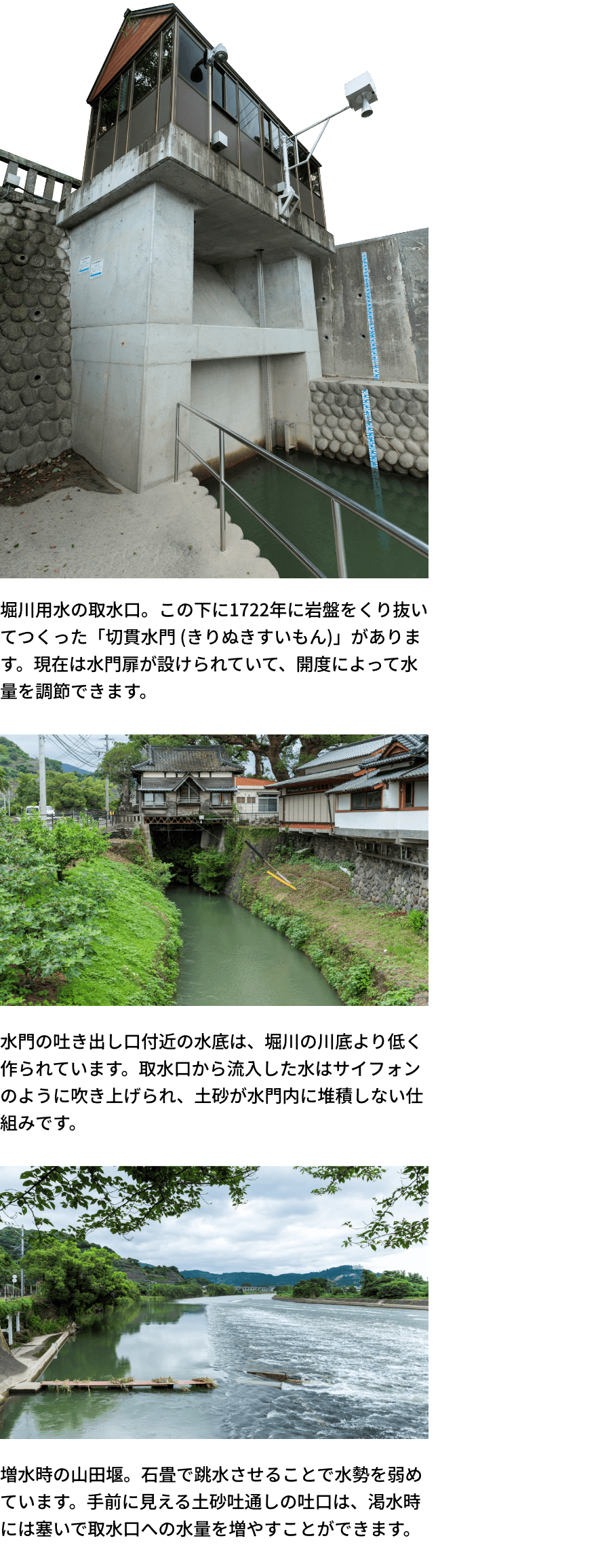 堀川用水の取水口。この下に1722年に岩盤をくり抜いてつくった「切貫水門 (きりぬきすいもん)」があります。現在は水門扉が設けられていて、開度によって水量を調節できます。水門の吐き出し口付近の水底は、堀川の川底より低く作られています。取水口から流入した水はサイフォンのように吹き上げられ、土砂が水門内に堆積しない仕組みです。増水時の山田堰。石畳で跳水させることで水勢を弱めています。手前に見える土砂吐通しの吐口は、渇水時には塞いで取水口への水量を増やすことができます。