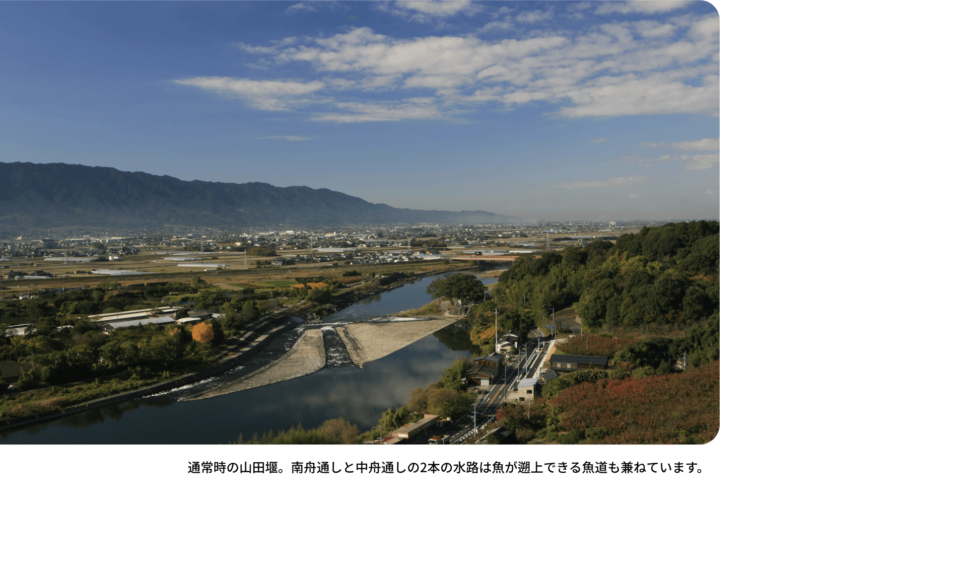 通常時の山田堰。南舟通しと中舟通しの2本の水路は魚が遡上できる魚道も兼ねています。