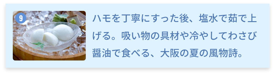 大阪府 あんぺい ハモを丁寧にすった後、塩水で茹で上げる。吸い物の具材や冷やしてわさび醤油で食べる、大阪の夏の風物詩。