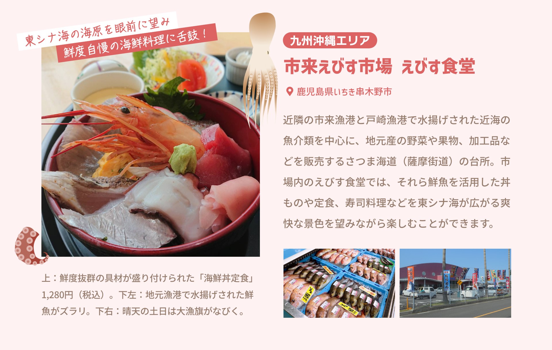 九州沖縄エリア 市来えびす市場 えびす食堂 鹿児島県いちき串木野市|近隣の市来漁港と戸崎漁港で水揚げされた近海の魚介類を中心に、地元産の野菜や果物、加工品などを販売するさつま海道（薩摩街道）の台所。市場内のえびす食堂では、それら鮮魚を活用した丼ものや定食、寿司料理などを東シナ海が広がる爽快な景色を望みながら楽しむことができます。|東シナ海の海原を眼前に望み鮮度自慢の海鮮料理に舌鼓！|上：鮮度抜群の具材が盛り付けられた「海鮮丼定食」1,280円（税込）。下左：地元漁港で水揚げされた鮮魚がズラリ。下右：晴天の土日は大漁旗がなびく。