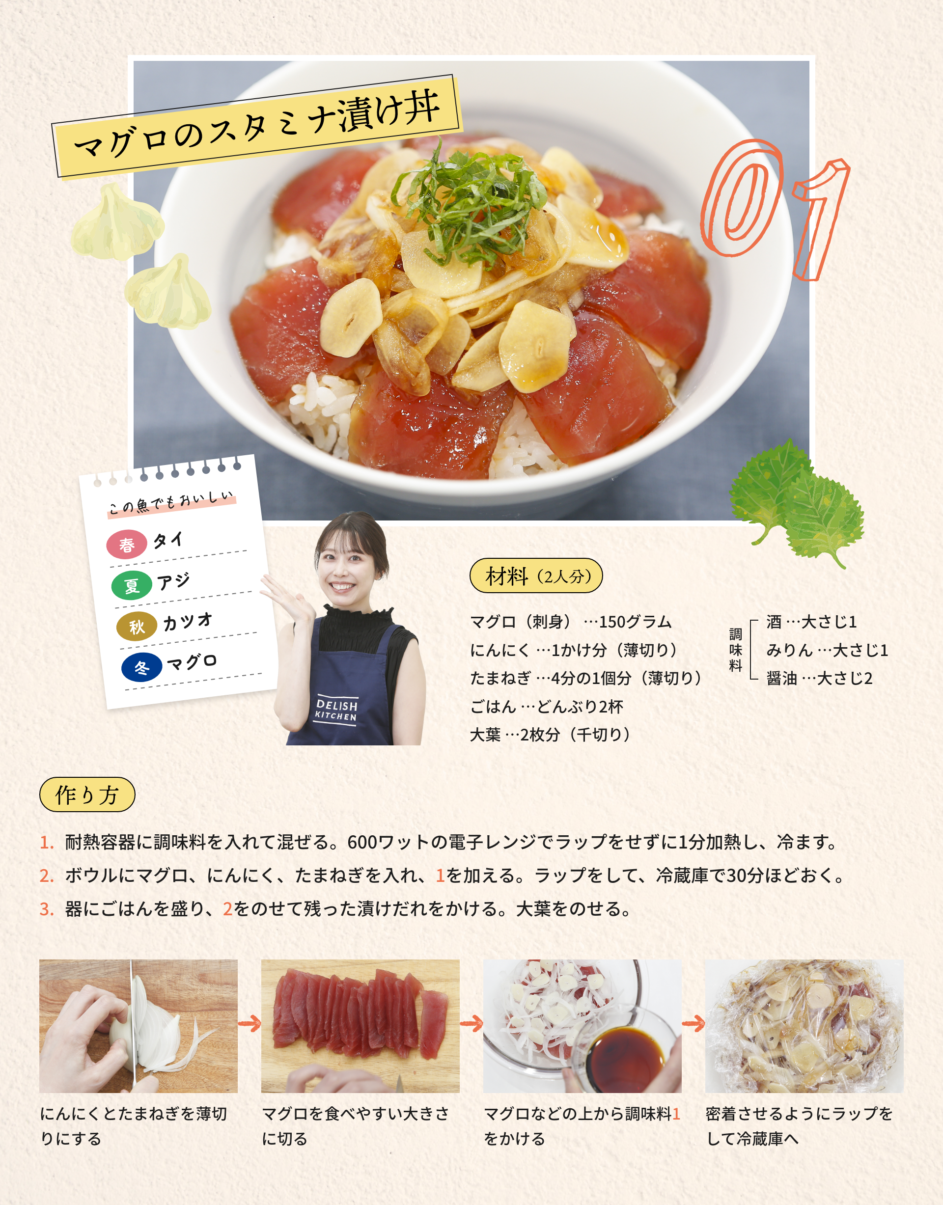 01 マグロのスタミナ漬け丼|材料（2人分）：マグロ（刺身）...150グラム、にんにく...1かけ分（薄切り）、たまねぎ...4分の1個分（薄切り）、ごはん...どんぶり2杯、大葉...2枚分（千切り）、[調味料]酒...大さじ1、みりん...大さじ1、醤油...大さじ2|作り方：1.耐熱容器に調味料を入れて混ぜる。600ワットの電子レンジでラップをせずに1分加熱し、冷ます。2.ボウルにマグロ、にんにく、たまねぎを入れ、1を加える。ラップをして、冷蔵庫で30分ほどおく。3.器にごはんを盛り、2をのせて残った漬けだれをかける。大葉をのせる。|にんにくとたまねぎを薄切りにする→マグロを食べやすい大きさに切る→マグロなどの上から調味料1をかける→密着させるようにラップをして冷蔵庫へ|この魚でもおいしい：[春]タイ、[夏]アジ、[秋]カツオ、[冬]マグロ