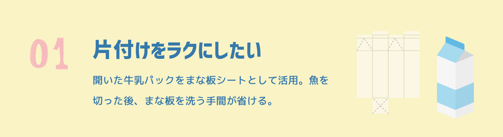 01 片付けをラクにしたい|開いた牛乳パックをまな板シートとして活用。魚を切った後、まな板を洗う手間が省ける。