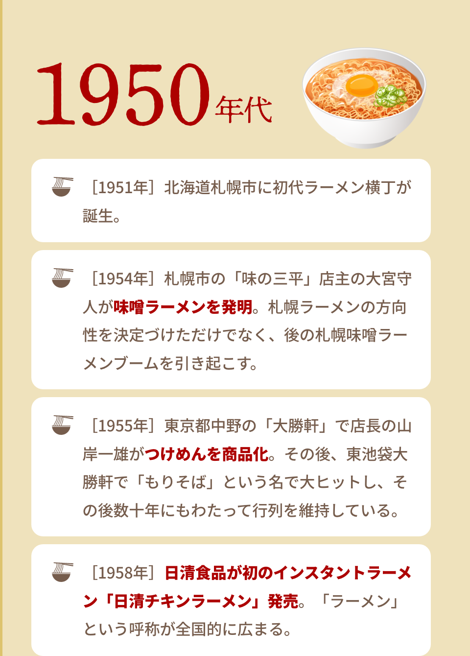 1950年代｜［1951年］北海道札幌市に初代ラーメン横丁が誕生。｜［1954年］札幌市の「味の三平」店主の大宮守人が味噌ラーメンを発明。札幌ラーメンの方向性を決定づけただけでなく、後の札幌味噌ラーメンブームを引き起こす。｜［1955年］東京都中野の「大勝軒」で店長の山岸一雄がつけめんを商品化。その後、東池袋大勝軒で「もりそば」という名で大ヒットし、その後数十年にもわたって行列を維持している。｜［1958年］日清食品が初のインスタントラーメン「日清チキンラーメン」発売。「ラーメン」という呼称が全国的に広まる。