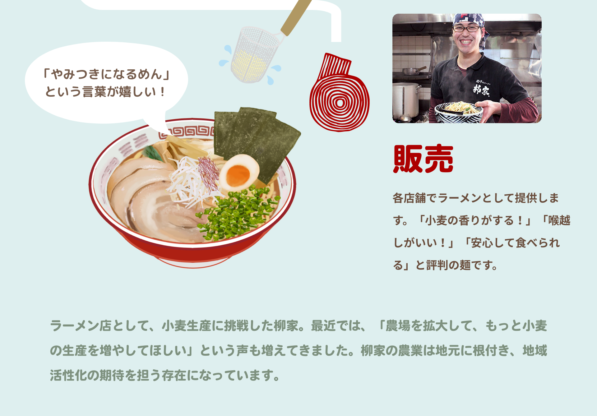 販売｜各店舗でラーメンとして提供します。「小麦の香りがする！」「喉越しがいい！」「安心して食べられる」と評判の麺です。｜「やみつきになるめん」という言葉が嬉しい！｜ラーメン店として、小麦生産に挑戦した柳家。最近では、「農場を拡大して、もっと小麦の生産を増やしてほしい」という声も増えてきました。柳家の農業は地元に根付き、地域活性化の期待を担う存在になっています。