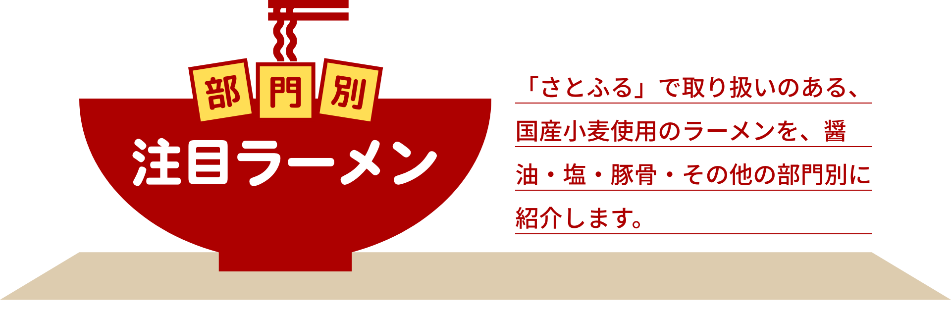 部門別注目ラーメン 「さとふる」で取り扱いのある、国産小麦使用のラーメンを、醤油・塩・豚骨・その他の部門別に紹介します。