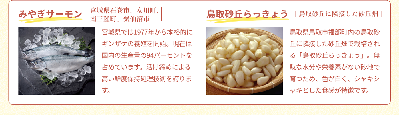 みやぎサーモン｜宮城県石巻市、女川町、南三陸町、気仙沼市｜宮城県では1977年から本格的にギンザケの養殖を開始。現在は国内の生産量の94パーセントを占めています。活け締めによる高い鮮度保持処理技術を誇ります。｜鳥取砂丘らっきょう｜鳥取砂丘に隣接した砂丘畑｜鳥取県鳥取市福部町内の鳥取砂丘に隣接した砂丘畑で栽培される「鳥取砂丘らっきょう」。無駄な水分や栄養素がない砂地で育つため、色が白く、シャキシャキとした食感が特徴です。
