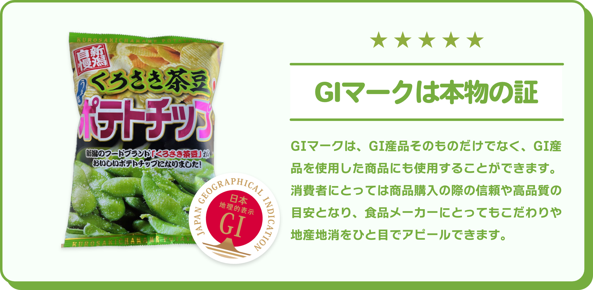 GIマークは本物の証｜GIマークは、GI産品そのものだけでなく、GI産品を使用した商品にも使用することができます。消費者にとっては商品購入の際の信頼や高品質の目安となり、食品メーカーにとってもこだわりや地産地消をひと目でアピールできます。