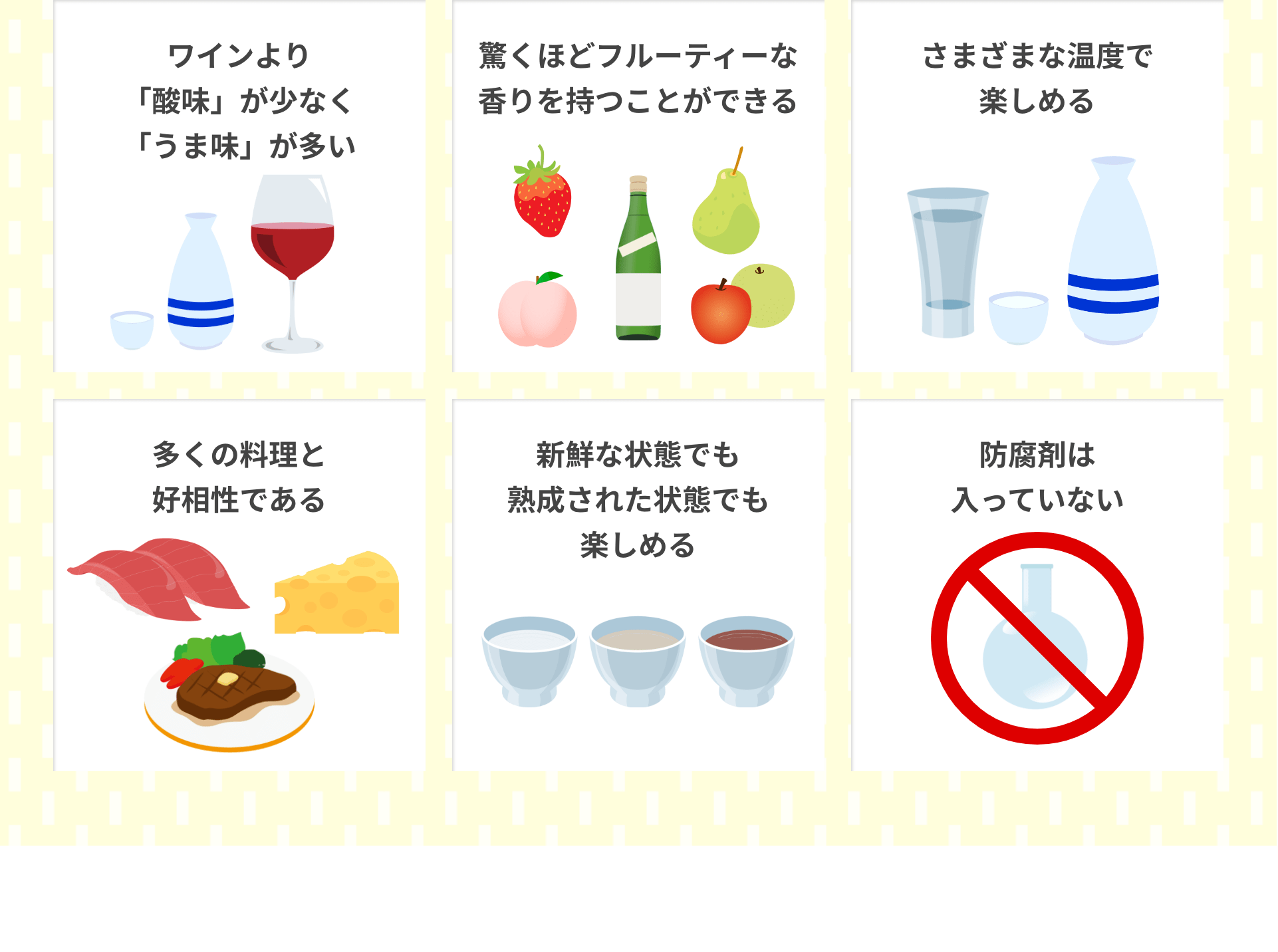 ワインより「酸味」が少なく「うま味」が多い｜驚くほどフルーティーな香りを持つことができる｜さまざまな温度で楽しめる｜多くの料理と好相性である｜新鮮な状態でも熟成された状態でも楽しめる｜防腐剤は入っていない