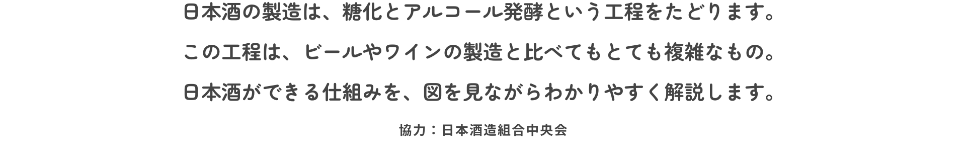 日本酒の製造は、糖化とアルコール発酵という工程をたどります。この工程は、ビールやワインの製造と比べてもとても複雑なもの。日本酒ができる仕組みを、図を見ながらわかりやすく解説します。