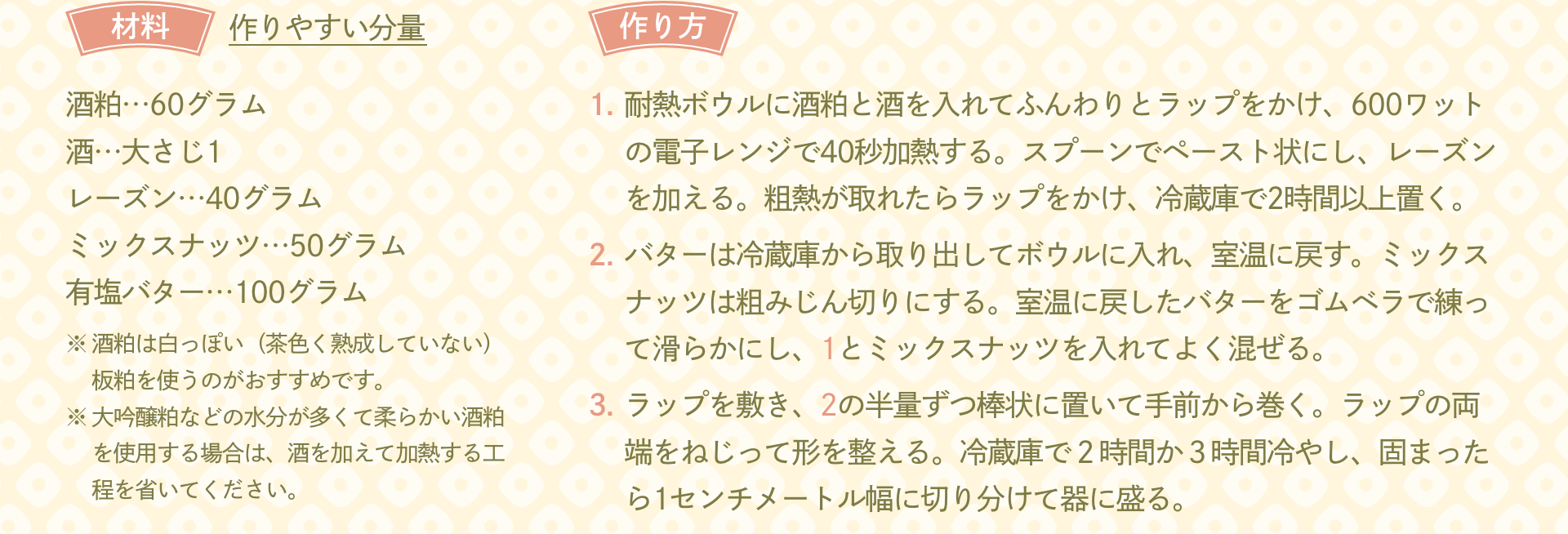 材料 作りやすい分量：酒粕…60グラム 酒…大さじ1 レーズン…40グラム ミックスナッツ…50グラム 有塩バター…100グラム ※酒粕は白っぽい（茶色く熟成していない）板粕を使うのがおすすめです。 ※大吟醸粕などの水分が多くて柔らかい酒粕を使用する場合は、酒を加えて加熱する工程を省いてください。｜作り方：1.耐熱ボウルに酒粕と酒を入れてふんわりとラップをかけ、600ワットの電子レンジで40秒加熱する。スプーンでペースト状にし、レーズンを加える。粗熱が取れたらラップをかけ、冷蔵庫で2時間以上置く。 2.バターは冷蔵庫から取り出してボウルに入れ、室温に戻す。ミックスナッツは粗みじん切りにする。室温に戻したバターをゴムベラで練って滑らかにし、1とミックスナッツを入れてよく混ぜる。 3.ラップを敷き、2の半量ずつ棒状に置いて手前から巻く。ラップの両端をねじって形を整える。冷蔵庫で２時間か３時間冷やし、固まったら1センチメートル幅に切り分けて器に盛る。