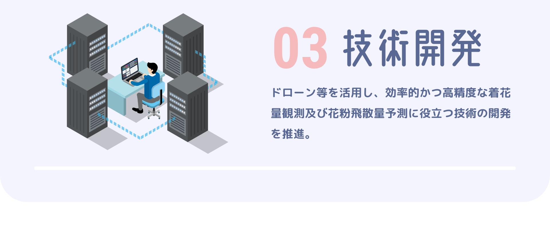03技術開発　ドローン等を活用し、効率的かつ高精度な着花量観測及び花粉飛散量予測に役立つ技術の開発を推進。