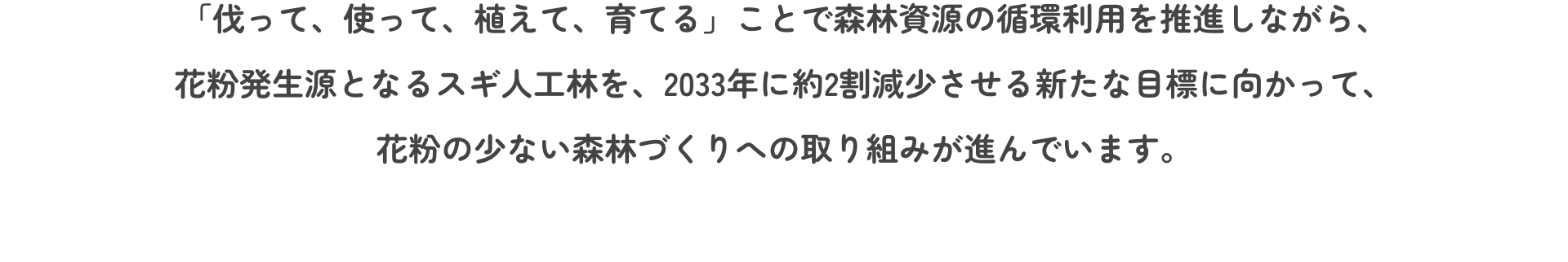 「伐って、使って、植えて、育てる」ことで森林資源の循環利用を推進しながら、花粉発生源となるスギ人工林を、2033年に約2割減少させる新たな目標に向かって、花粉の少ない森林づくりへの取り組みが進んでいます。