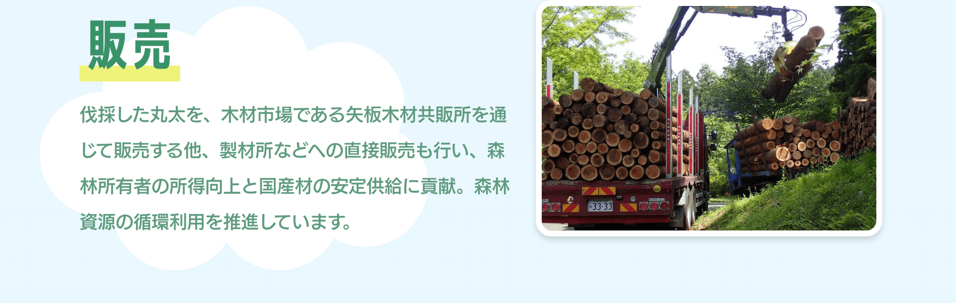 販売　伐採した丸太を、木材市場である矢板木材共販所を通じて販売する他、製材所などへの直接販売も行い、森林所有者の所得向上と国産材の安定供給に貢献。森林資源の循環利用を推進しています。