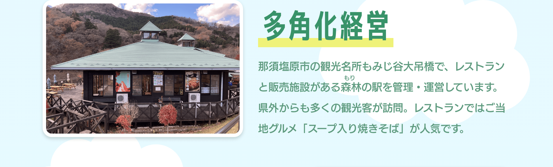 多角化経営　那須塩原市の観光名所もみじ谷大吊橋で、レストランと販売施設がある森林の駅を管理・運営しています。県外からも多くの観光客が訪問。レストランではご当地グルメ「スープ入り焼きそば」が人気です。