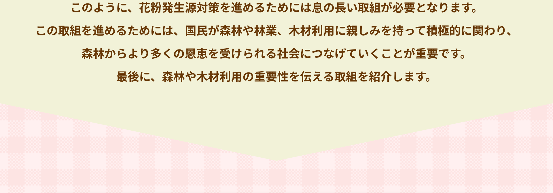 このように、花粉発生源対策を進めるためには息の長い取組が必要となります。この取組を進めるためには、国民が森林や林業、木材利用に親しみを持って積極的に関わり、森林からより多くの恩恵を受けられる社会につなげていくことが重要です。最後に、森林や木材利用の重要性を伝える取組を紹介します。
