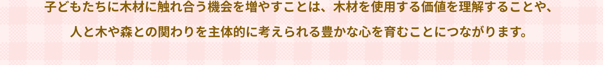 子どもたちに木材に触れ合う機会を増やすことは、木材を使用する価値を理解することや、人と木や森との関わりを主体的に考えられる豊かな心を育むことにつながります。
