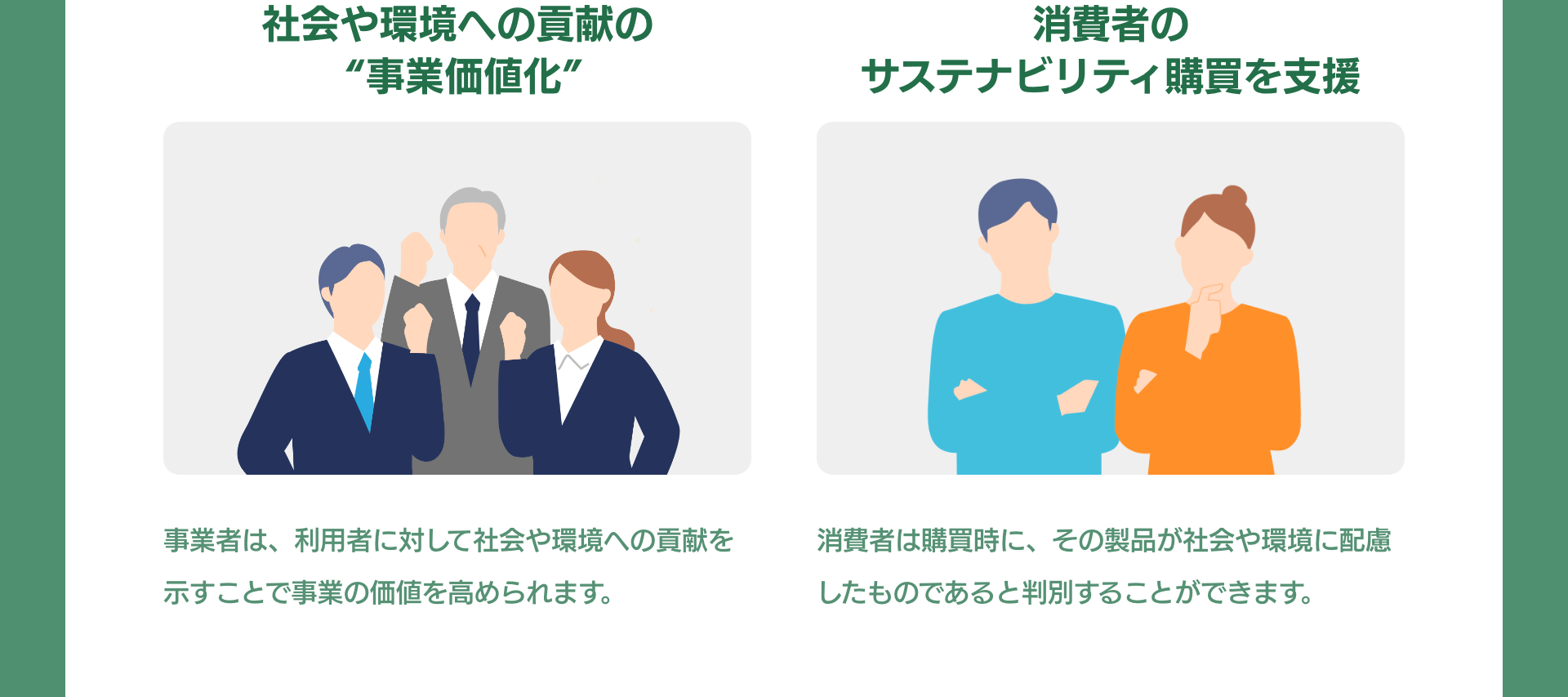 社会や環境への貢献の“事業価値化”　事業者は、利用者に対して社会や環境への貢献を示すことで事業の価値を高められます。｜消費者のサステナビリティ購買を支援　消費者は購買時に、その製品が社会や環境に配慮したものであると判別することができます。