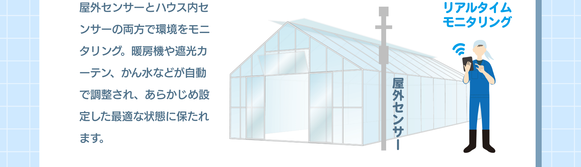 屋外センサーとハウス内センサーの両方で環境をモニタリング。暖房機や遮光カーテン、かん水などが自動で調整され、あらかじめ設定した最適な状態に保たれます。 屋外センサー リアルタイムモニタリング