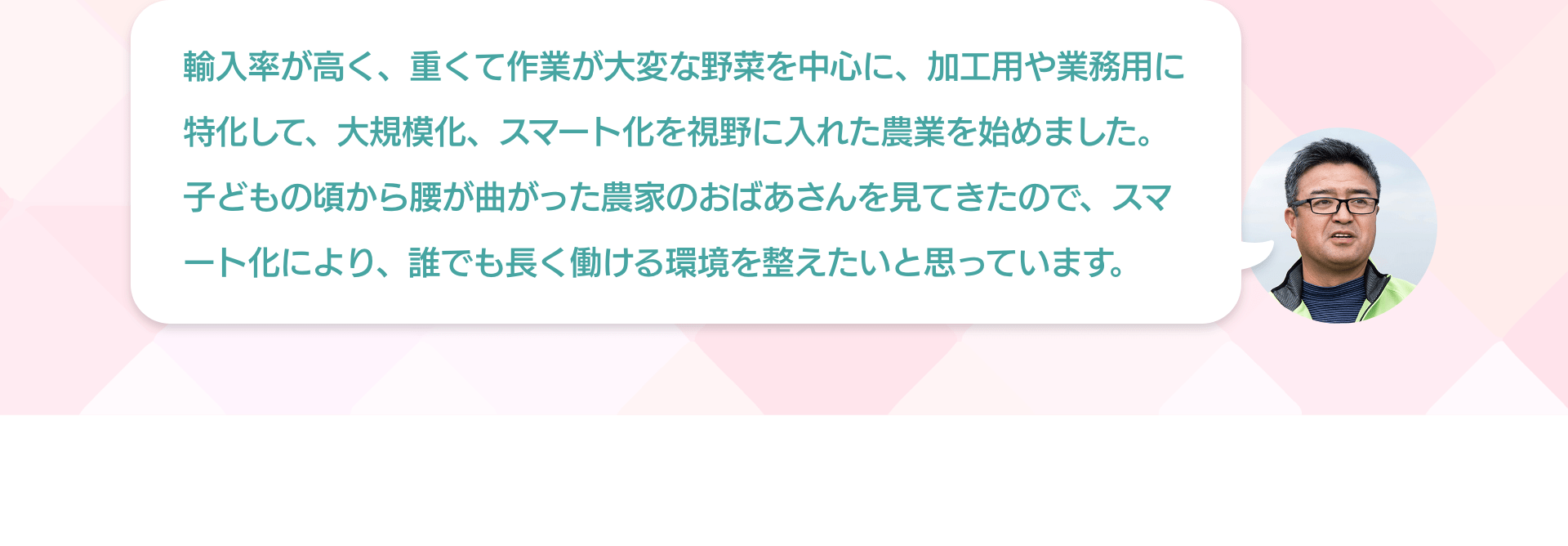 輸入率が高く、重くて作業が大変な野菜を中心に、加工用や業務用に特化して、大規模化、スマート化を視野に入れた農業を始めました。子どもの頃から腰が曲がった農家のおばあさんを見てきたので、スマート化により、誰でも長く働ける環境を整えたいと思っています。