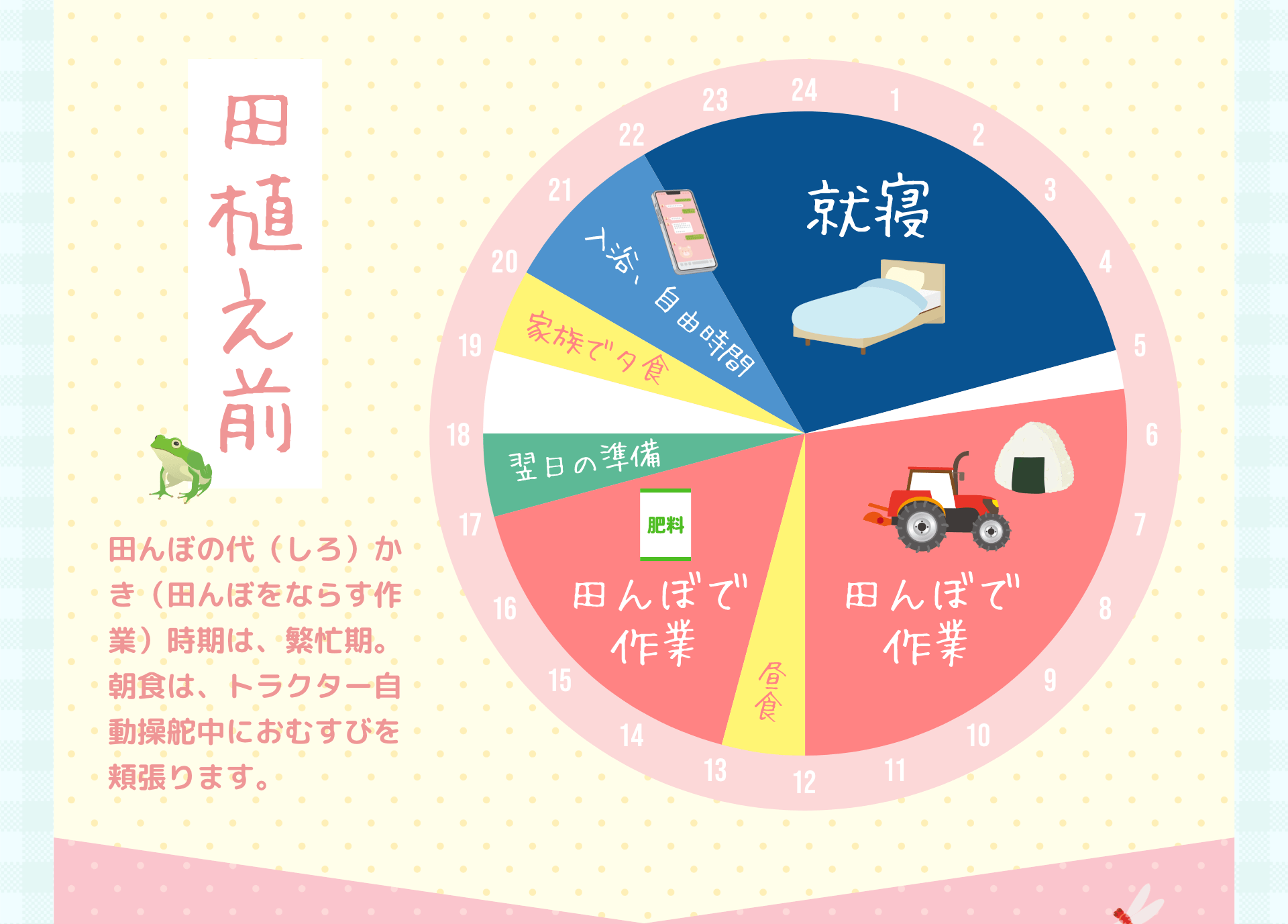 田植え前　田んぼの代（しろ）かき（田んぼをならす作業）時期は、繁忙期。朝食は、トラクター自動操舵中におむすびを頬張ります。