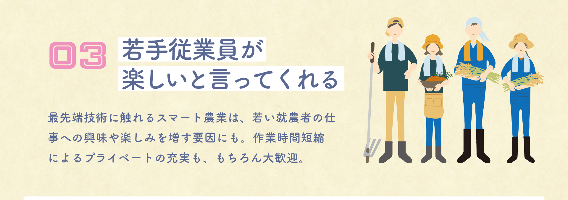 03若手従業員が楽しいと言ってくれる 最先端技術に触れるスマート農業は、若い就農者の仕事への興味や楽しみを増す要因にも。作業時間短縮によるプライベートの充実も、もちろん大歓迎。