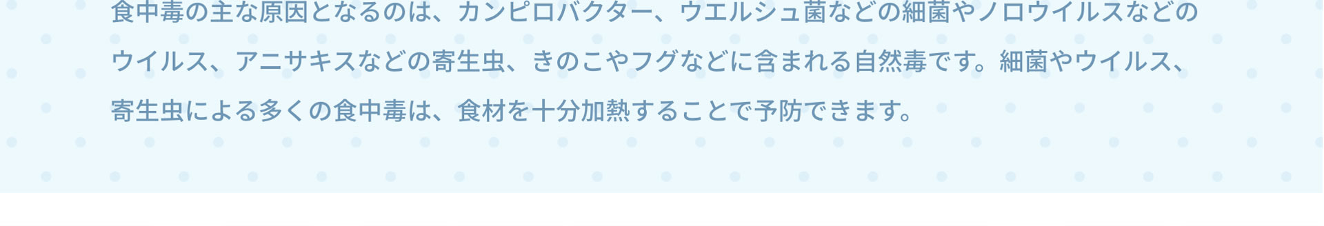 食中毒の主な原因となるのは、カンピロバクター、ウエルシュ菌などの細菌やノロウイルスなどのウイルス、アニサキスなどの寄生虫、きのこやフグなどに含まれる自然毒です。細菌やウイルス、寄生虫による多くの食中毒は、食材を十分加熱することで予防できます。