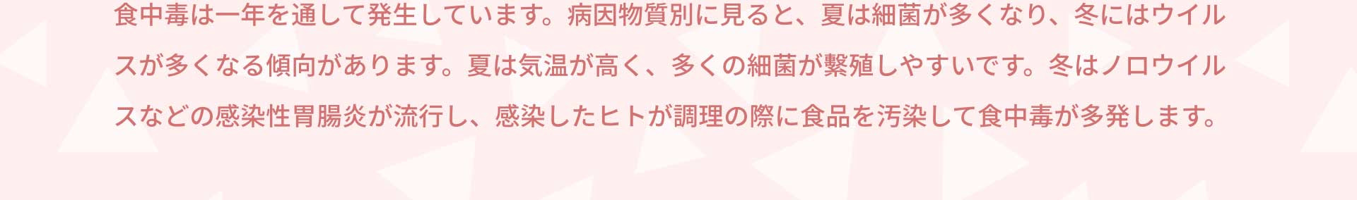 食中毒は一年を通して発生しています。病因物質別に見ると、夏は細菌が多くなり、冬にはウイルスが多くなる傾向があります。夏は気温が高く、多くの細菌が繫殖しやすいです。冬はノロウイルスなどの感染性胃腸炎が流行し、感染したヒトが調理の際に食品を汚染して食中毒が多発します。