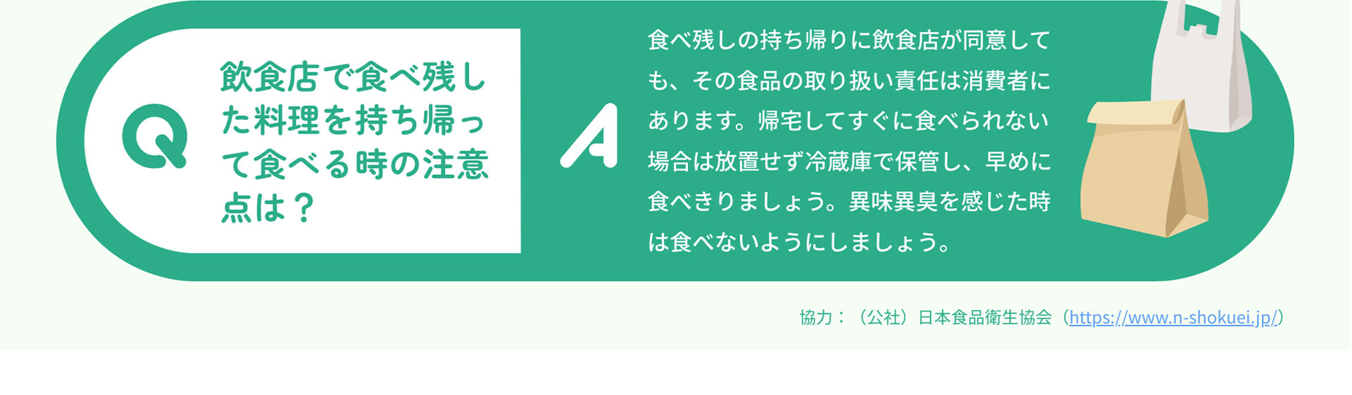 Q飲食店で食べ残した料理を持ち帰って食べる時の注意点は？　A食べ残しの持ち帰りに飲食店が同意しても、その食品の取り扱い責任は消費者にあります。帰宅してすぐに食べられない場合は放置せず冷蔵庫で保管し、早めに食べきりましょう。異味異臭を感じた時は食べないようにしましょう　協力：（公社）日本食品衛生協会（https://www.n-shokuei.jp/）