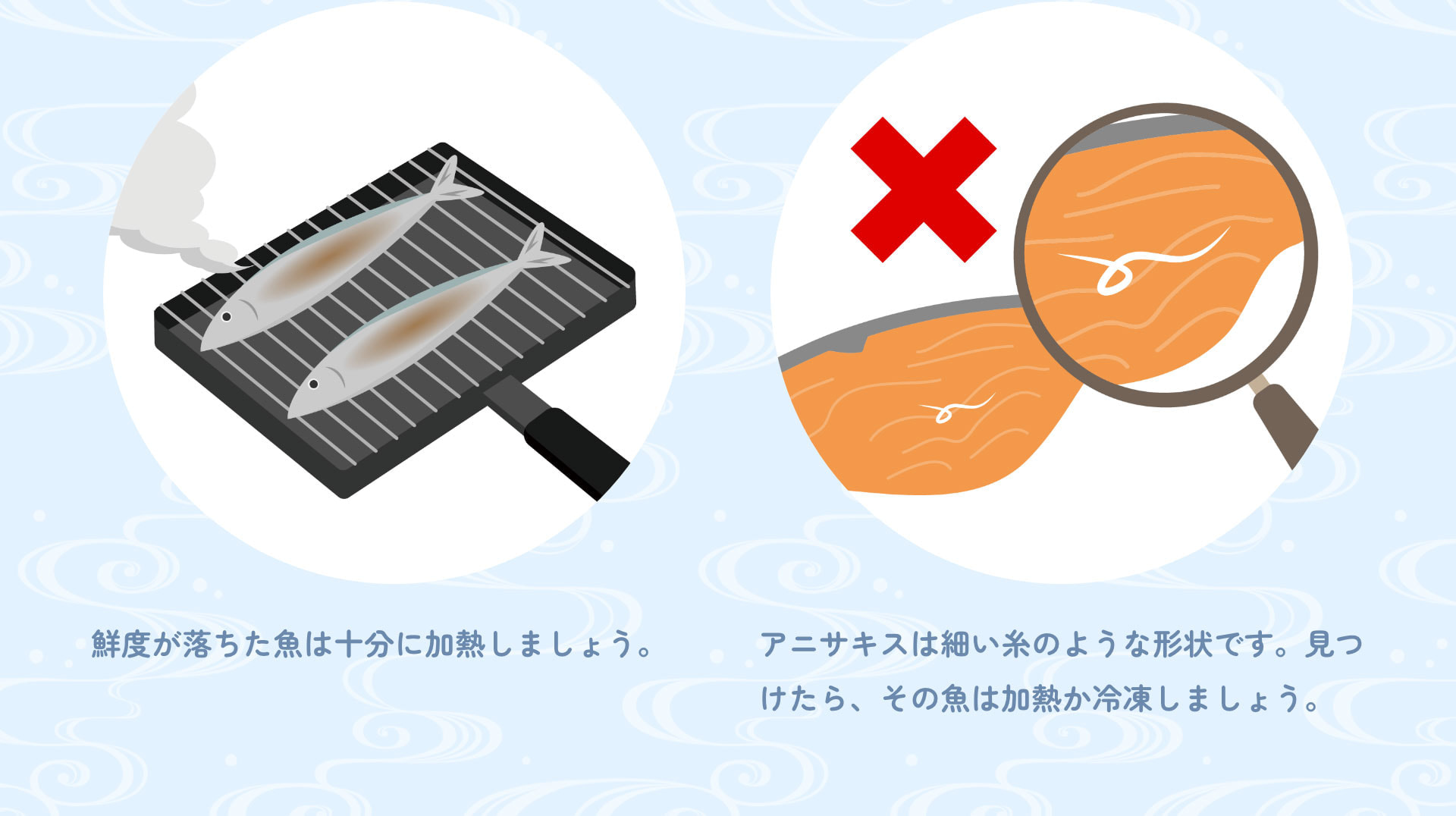 鮮度が落ちた魚は十分に加熱しましょう。 アニサキスは細い糸のような形状です。見つけたら、その魚は加熱か冷凍しましょう。