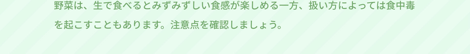 野菜は、生で食べるとみずみずしい食感が楽しめる一方、扱い方によっては食中毒を起こすこともあります。注意点を確認しましょう。