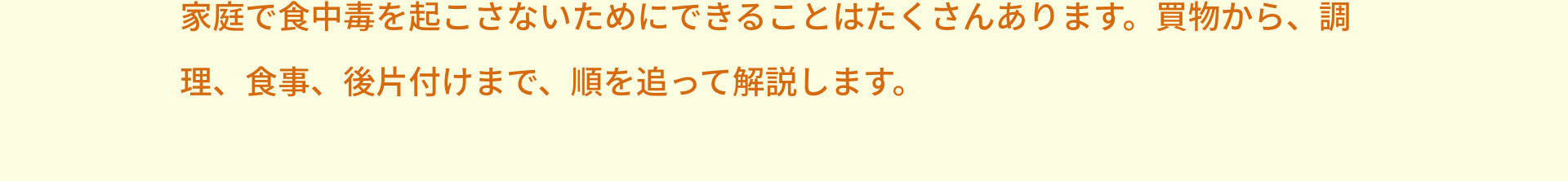 家庭で食中毒を起こさないためにできることはたくさんあります。買物から、調理、食事、後片付けまで、順を追って解説します。