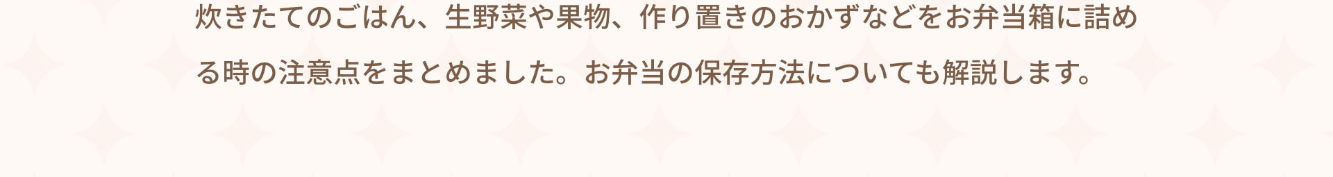 炊きたてのごはん、生野菜や果物、作り置きのおかずなどをお弁当箱に詰める時の注意点をまとめました。お弁当の保存方法についても解説します。