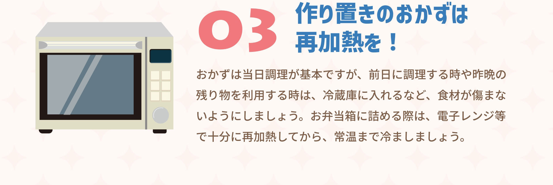 ０３作り置きのおかずは再加熱を！　おかずは当日調理が基本ですが、前日に調理する時や昨晩の残り物を利用する時は、冷蔵庫に入れるなど、食材が傷まないようにしましょう。お弁当箱に詰める際は、電子レンジ等で十分に再加熱してから、常温まで冷ましましょう。
