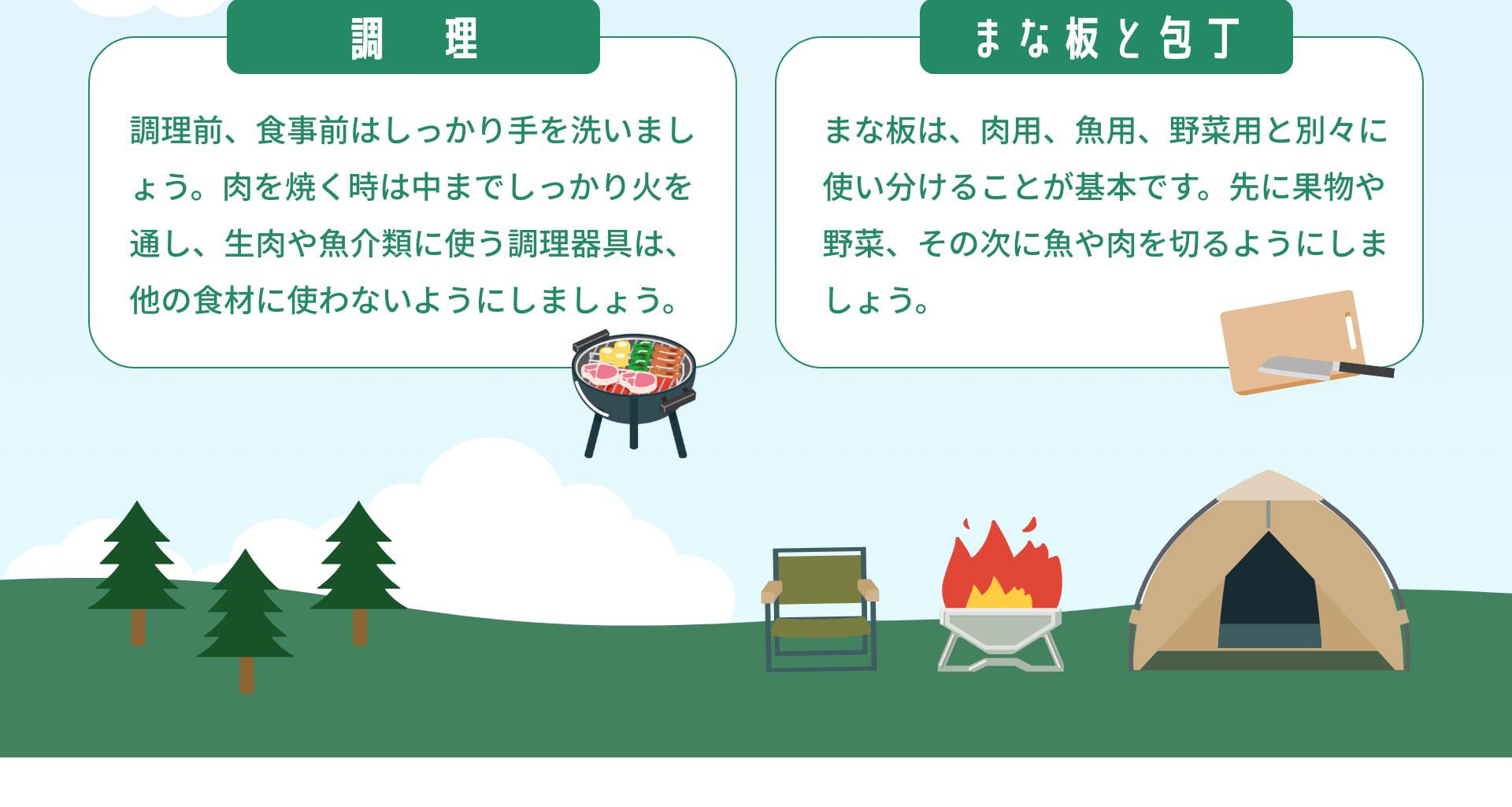 調理：調理前、食事前はしっかり手を洗いましょう。肉を焼く時は中までしっかり火を通し、生肉や魚介類に使う調理器具は、他の食材に使わないようにしましょう。｜まな板と包丁：まな板は、肉用、魚用、野菜用と別々に使い分けることが基本です。先に果物や野菜、その次に魚や肉を切るようにしましょう。