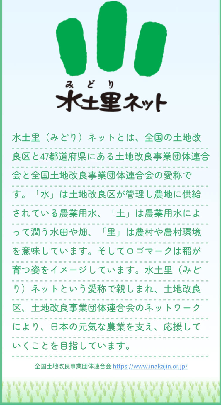 水土里（みどり）ネットとは、全国の土地改良区と47都道府県にある土地改良事業団体連合会と全国土地改良事業団体連合会の愛称です。「水」は土地改良区が管理し農地に供給されている農業用水、「土」は農業用水によって潤う水田や畑、「里」は農村や農村環境を意味しています。そしてロゴマークは稲が育つ姿をイメージしています。水土里（みどり）ネットという愛称で親しまれ、土地改良区、土地改良事業団体連合会のネットワークにより、日本の元気な農業を支え、応援していくことを目指しています。全国土地改良事業団体連合会 https://www.inakajin.or.jp/