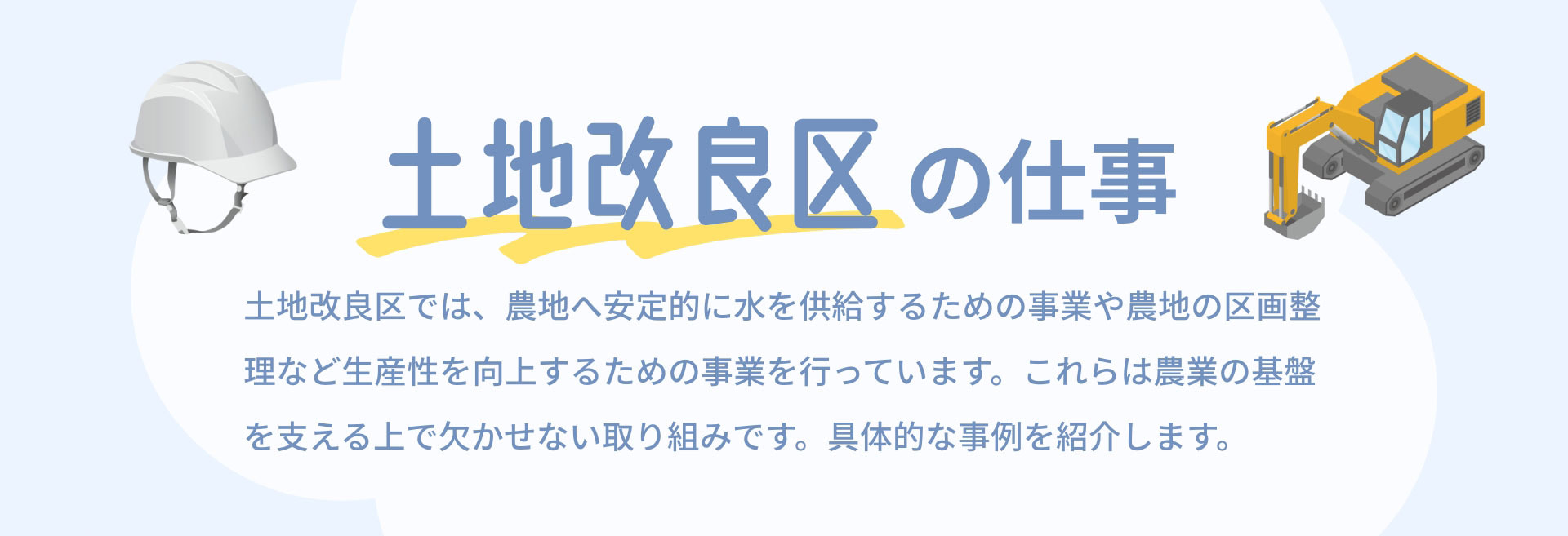 土地改良区の仕事　土地改良区では、農地へ安定的に水を供給するための事業や農地の区画整理など生産性を向上するための事業を行っています。これらは農業の基盤を支える上で欠かせない取り組みです。具体的な事例を紹介します。
