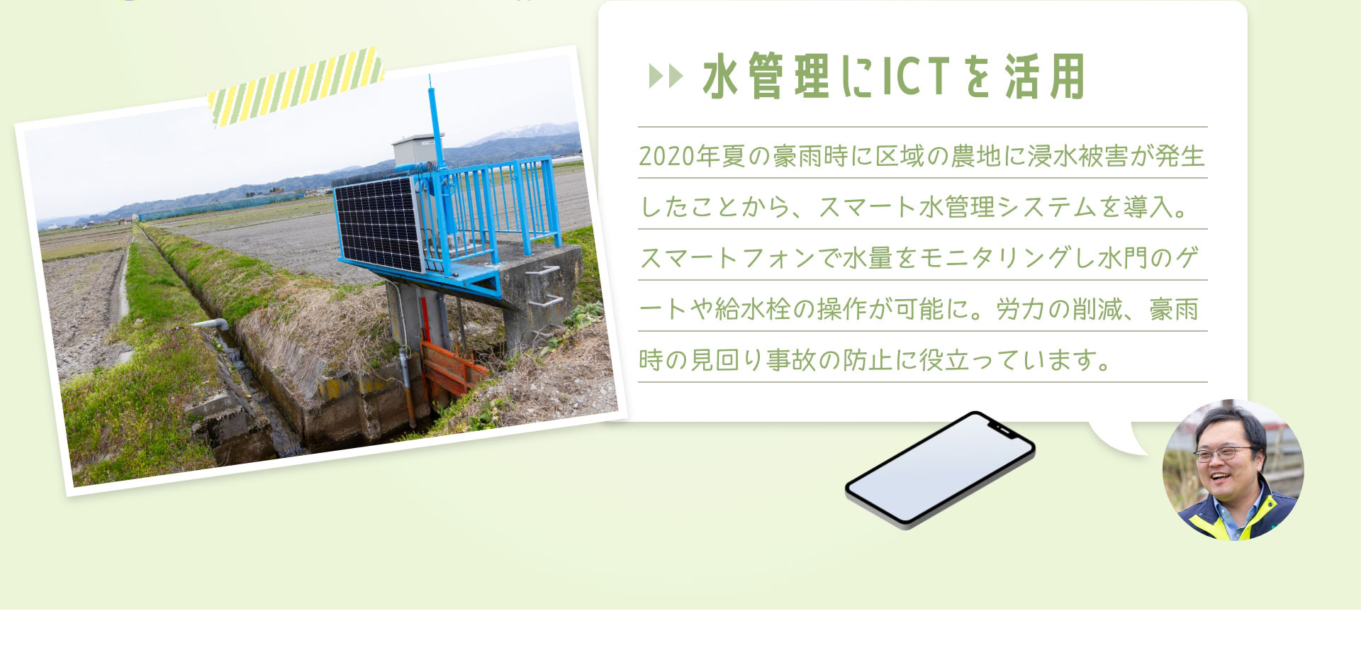 水管理にICTを活用　2020年夏の豪雨時に区域の農地に浸水被害が発生したことから、スマート水管理システムを導入。スマートフォンで水量をモニタリングし水門のゲートや給水栓の操作が可能に。労力の削減、豪雨時の見回り事故の防止に役立っています。