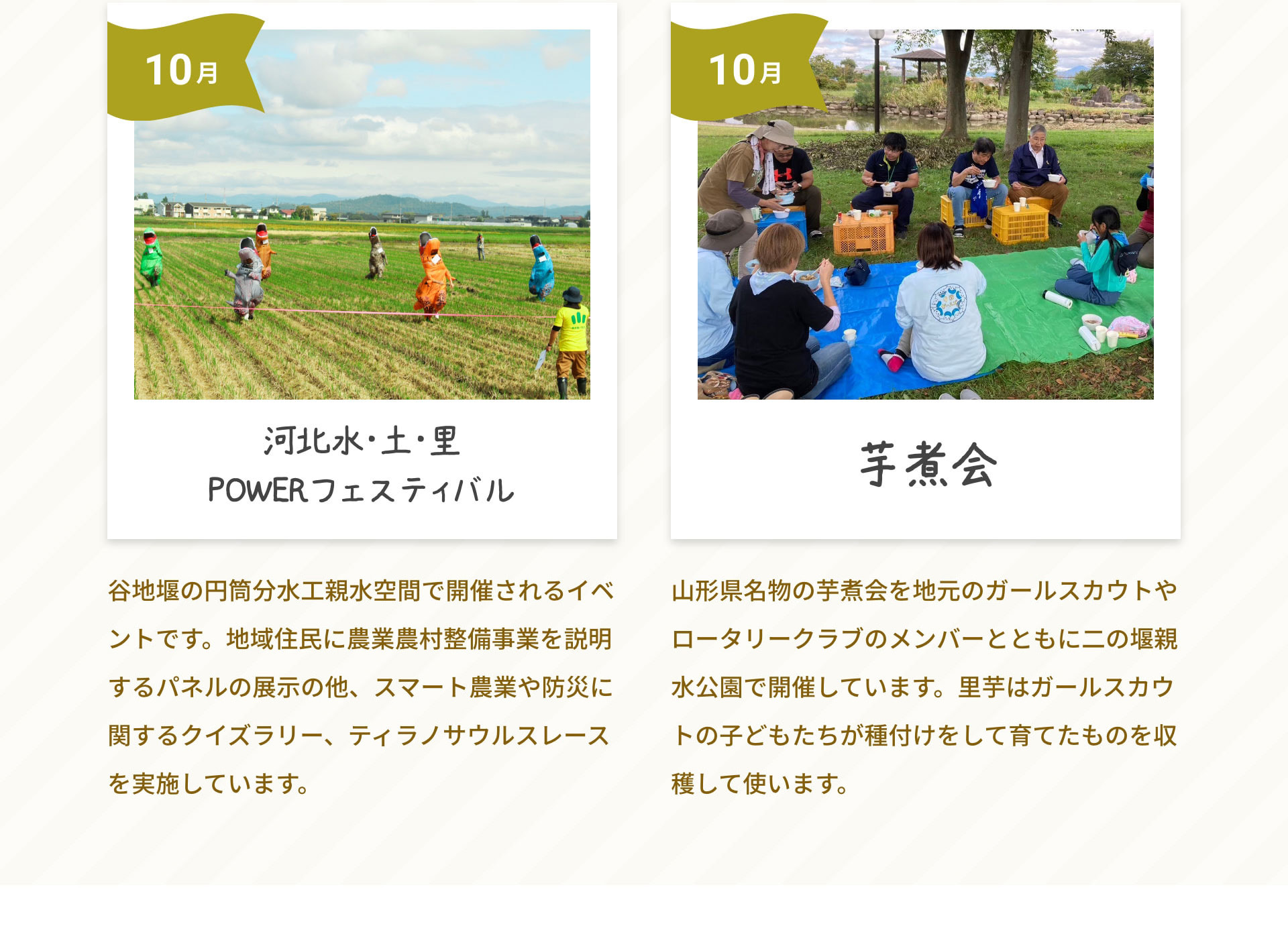 10月河北水・土・里POWERフェスティバル　谷地堰の円筒分水工親水空間で開催されるイベントです。地域住民に農業農村整備事業を説明するパネルの展示の他、スマート農業や防災に関するクイズラリー、ティラノサウルスレースを実施しています。｜10月芋煮会　山形県名物の芋煮会を地元のガールスカウトやロータリークラブのメンバーとともに二の堰親水公園で開催しています。里芋はガールスカウトの子どもたちが種付けをして育てたものを収穫して使います。