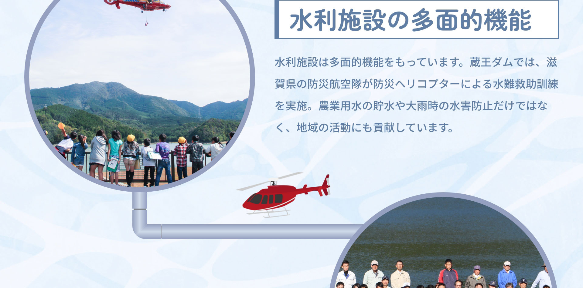 水利施設の多面的機能　水利施設は多面的機能をもっています。蔵王ダムでは、滋賀県の防災航空隊が防災ヘリコプターによる水難救助訓練を実施。農業用水の貯水や大雨時の水害防止だけではなく、地域の活動にも貢献しています。