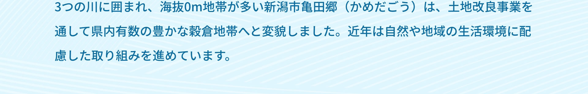 3つの川に囲まれ、海抜0m地帯が多い新潟市亀田郷（かめだごう）は、土地改良事業を通して県内有数の豊かな穀倉地帯へと変貌しました。近年は自然や地域の生活環境に配慮した取り組みを進めています。