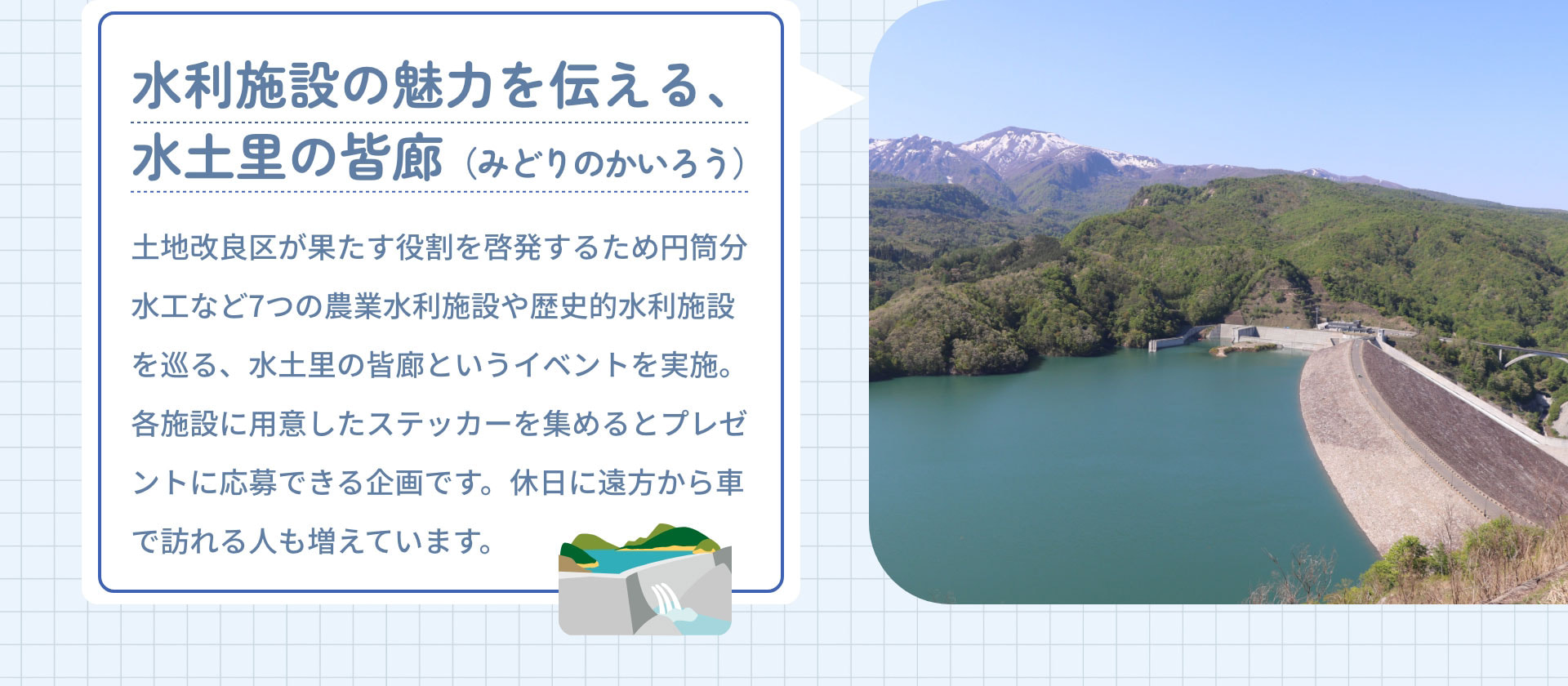 水利施設の魅力を伝える、水土里の皆廊（みどりのかいろう）　土地改良区が果たす役割を啓発するため円筒分水工など7つの農業水利施設や歴史的水利施設を巡る、水土里の皆廊というイベントを実施。各施設に用意したステッカーを集めるとプレゼントに応募できる企画です。休日に遠方から車で訪れる人も増えています。